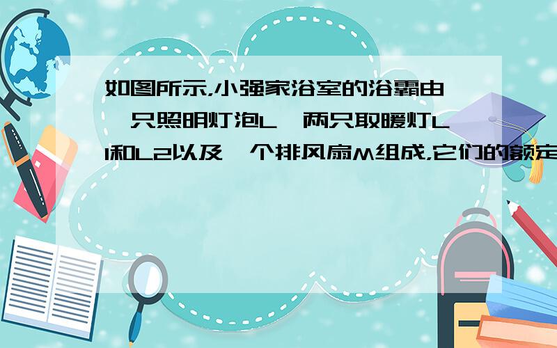 如图所示，小强家浴室的浴霸由一只照明灯泡L、两只取暖灯L1和L2以及一个排风扇M组成，它们的额定电压均为220V．其中照