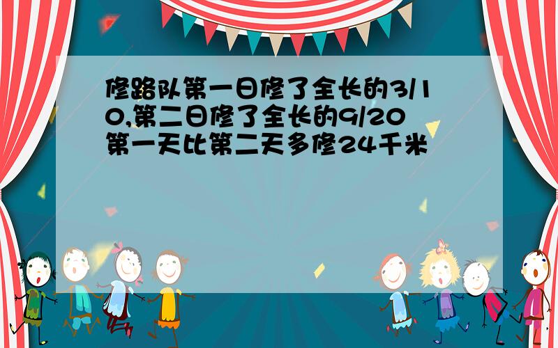 修路队第一日修了全长的3/10,第二日修了全长的9/20第一天比第二天多修24千米