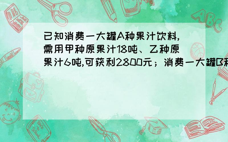 已知消费一大罐A种果汁饮料,需用甲种原果汁18吨、乙种原果汁6吨,可获利2800元；消费一大罐B种果汁饮料,