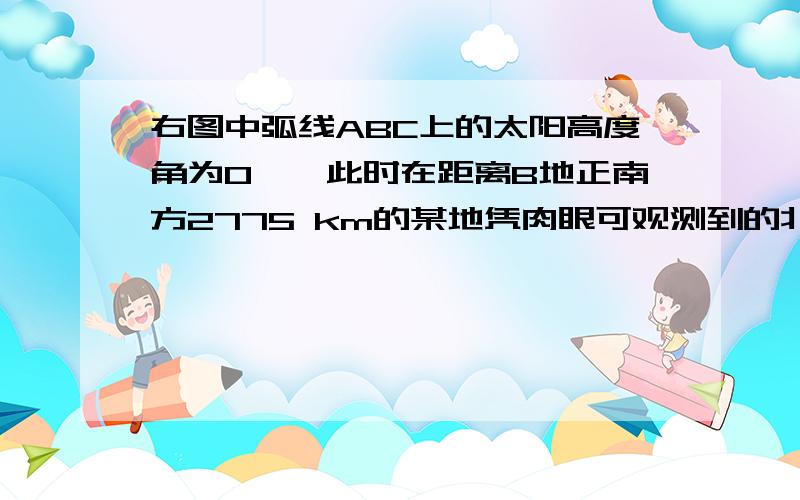 右图中弧线ABC上的太阳高度角为0°,此时在距离B地正南方2775 km的某地凭肉眼可观测到的北极星仰角为48°,则关于