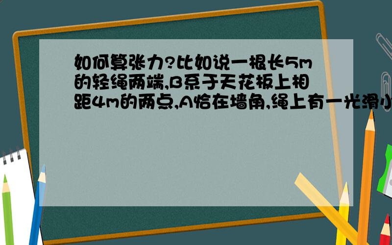 如何算张力?比如说一根长5m的轻绳两端,B系于天花板上相距4m的两点,A恰在墙角,绳上有一光滑小滑轮,吊