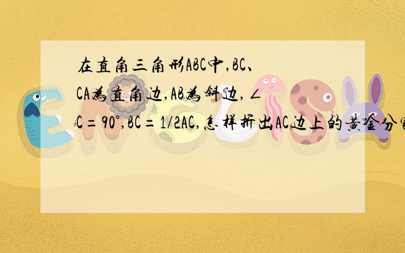 在直角三角形ABC中,BC、CA为直角边,AB为斜边,∠C=90°,BC=1/2AC,怎样折出AC边上的黄金分割线段?