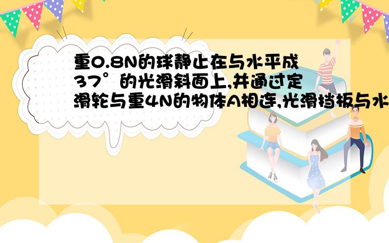 重0.8N的球静止在与水平成37°的光滑斜面上,并通过定滑轮与重4N的物体A相连,光滑挡板与水平垂直,不计…