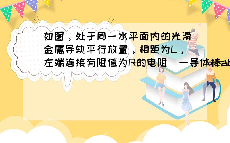 如图，处于同一水平面内的光滑金属导轨平行放置，相距为L，左端连接有阻值为R的电阻．一导体棒ab垂直于导轨放置，电阻值也为