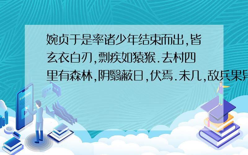 婉贞于是率诸少年结束而出,皆玄衣白刃,剽疾如猿猴.去村四里有森林,阴翳蔽日,伏焉.未几,敌兵果舁炮至