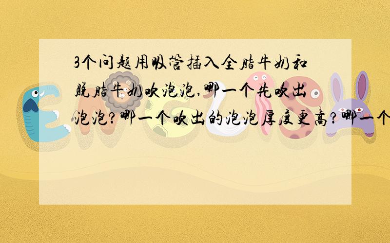 3个问题用吸管插入全脂牛奶和脱脂牛奶吹泡泡,哪一个先吹出泡泡?哪一个吹出的泡泡厚度更高?哪一个易破?