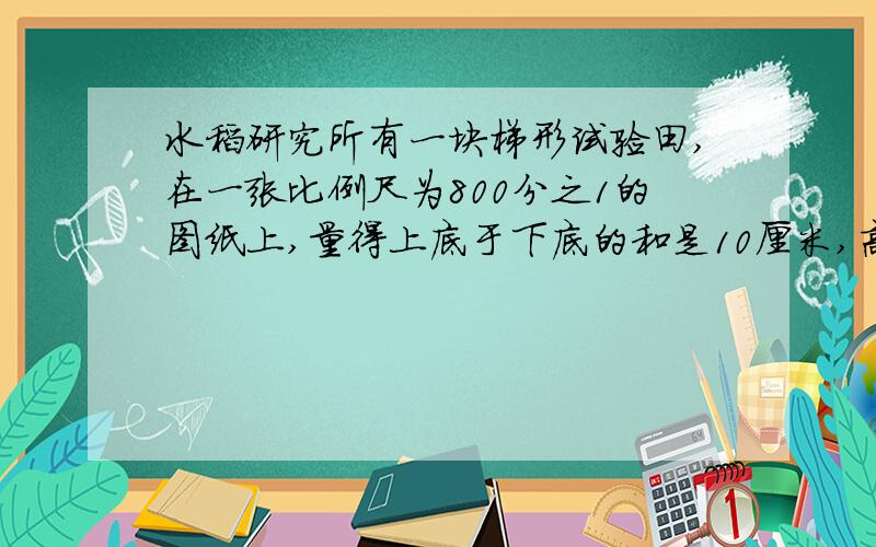 水稻研究所有一块梯形试验田,在一张比例尺为800分之1的图纸上,量得上底于下底的和是10厘米,高是5厘米