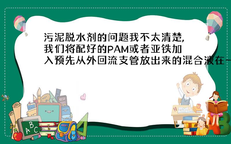 污泥脱水剂的问题我不太清楚,我们将配好的PAM或者亚铁加入预先从外回流支管放出来的混合液在一个池内混合,然后进压滤机,但