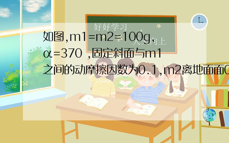 如图,m1=m2=100g,α=370 ,固定斜面与m1之间的动摩擦因数为0.1,m2离地面面0.5m.