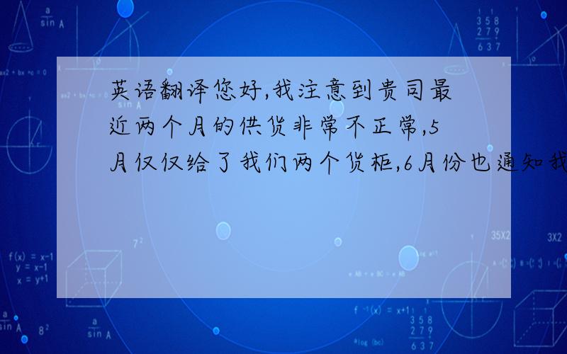 英语翻译您好,我注意到贵司最近两个月的供货非常不正常,5月仅仅给了我们两个货柜,6月份也通知我们只能提供两个货柜,我们原