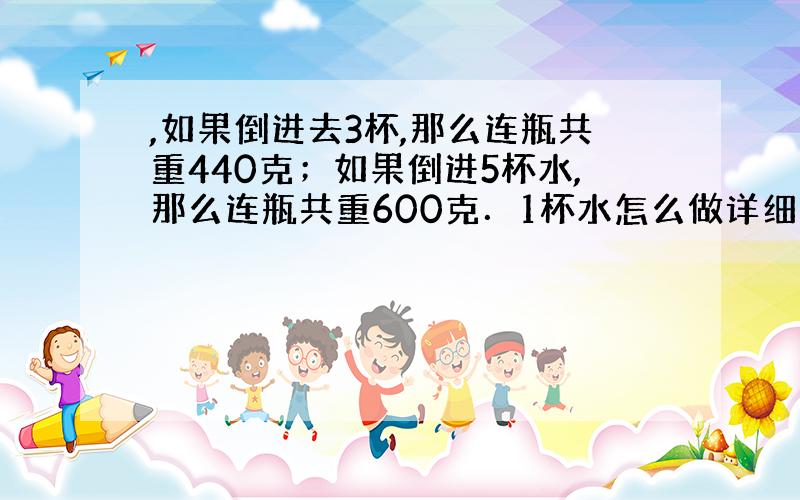 ,如果倒进去3杯,那么连瓶共重440克；如果倒进5杯水,那么连瓶共重600克．1杯水怎么做详细解答并有图解