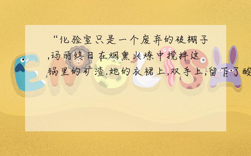 “化验室只是一个废弃的破棚子,玛丽终日在烟熏火燎中搅拌这锅里的矿渣.她的衣裙上,双手上,留下了酸碱