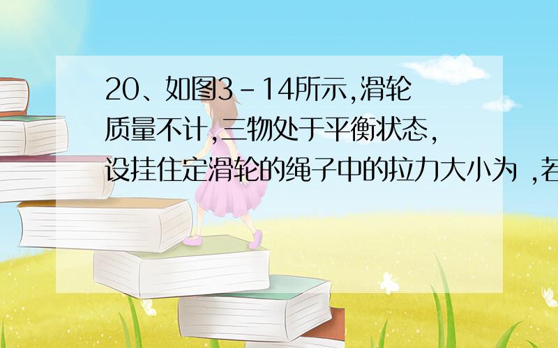 20、如图3-14所示,滑轮质量不计,三物处于平衡状态,设挂住定滑轮的绳子中的拉力大小为 ,若把 从右移到 左