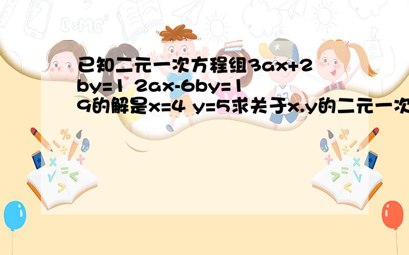 已知二元一次方程组3ax+2by=1 2ax-6by=19的解是x=4 y=5求关于x.y的二元一次方程ax-by=2的