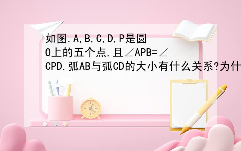 如图,A,B,C,D,P是圆O上的五个点,且∠APB=∠CPD.弧AB与弧CD的大小有什么关系?为什么?