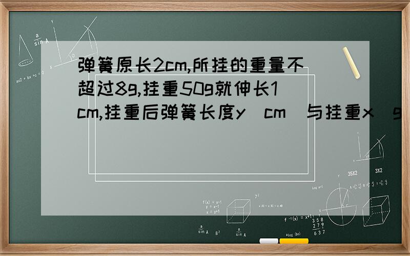 弹簧原长2cm,所挂的重量不超过8g,挂重50g就伸长1cm,挂重后弹簧长度y（cm）与挂重x（g）之间的函数关系