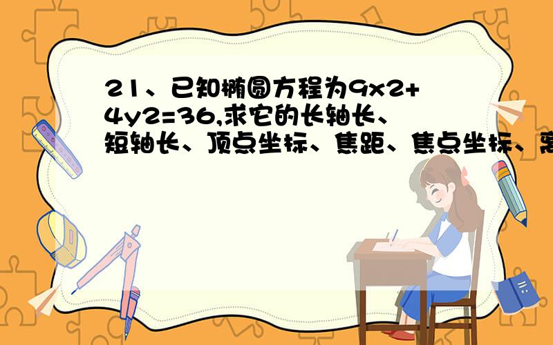 21、已知椭圆方程为9x2+4y2=36,求它的长轴长、短轴长、顶点坐标、焦距、焦点坐标、离心率.