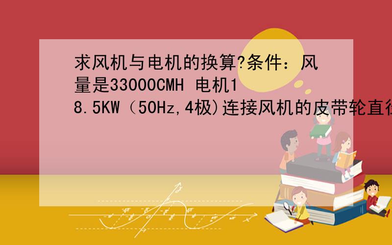 求风机与电机的换算?条件：风量是33000CMH 电机18.5KW（50Hz,4极)连接风机的皮带轮直径是φ500连接电