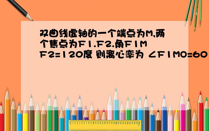 双曲线虚轴的一个端点为M,两个焦点为F1.F2.角F1MF2=120度 则离心率为 ∠F1MO=60 怎么来的