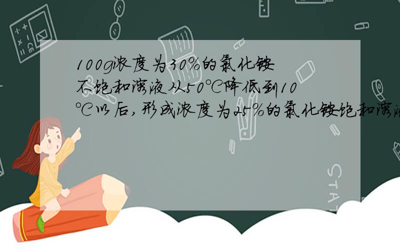 100g浓度为30%的氯化铵不饱和溶液从50℃降低到10℃以后,形成浓度为25%的氯化铵饱和溶液,问有多少克氯化铵晶体析