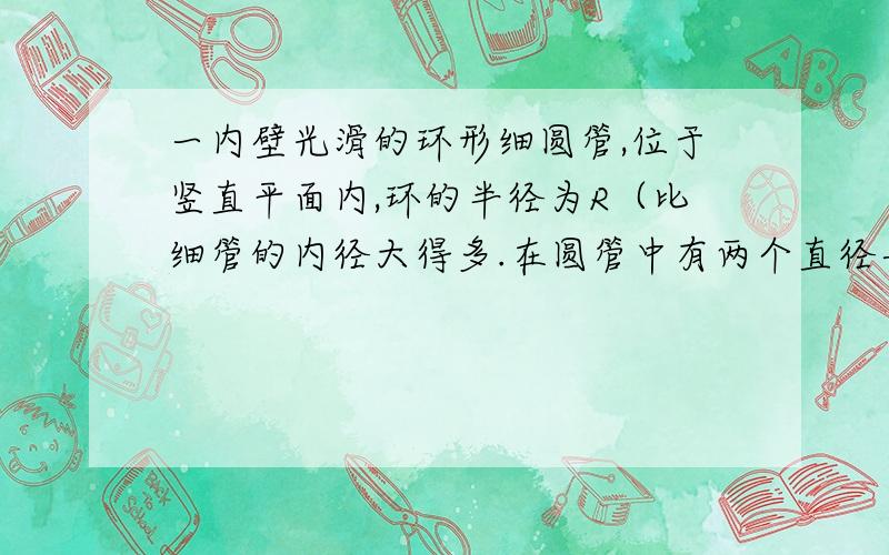 一内壁光滑的环形细圆管,位于竖直平面内,环的半径为R（比细管的内径大得多.在圆管中有两个直径与细管内径相同的小球（可视为