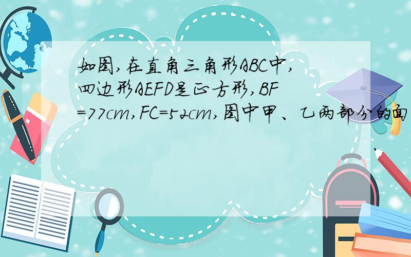 如图,在直角三角形ABC中,四边形AEFD是正方形,BF=77cm,FC=52cm,图中甲、乙两部分的面积和是多少?