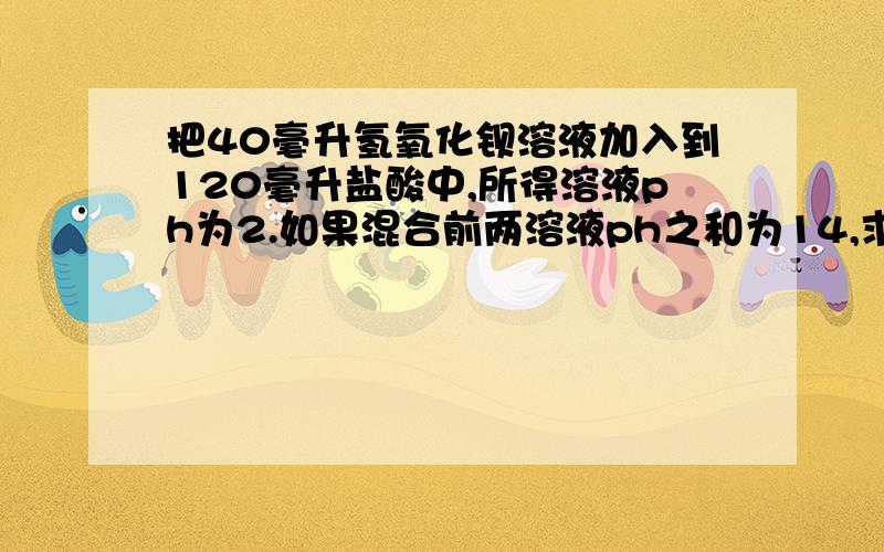 把40毫升氢氧化钡溶液加入到120毫升盐酸中,所得溶液ph为2.如果混合前两溶液ph之和为14,求c(HCl)大约为