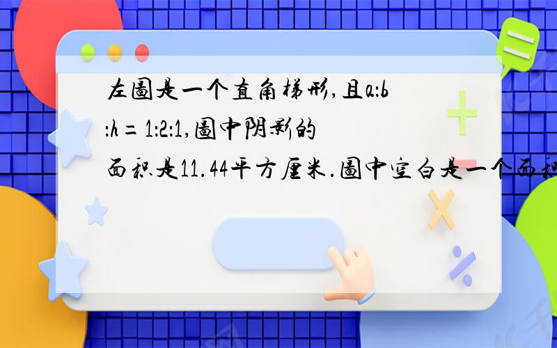 左图是一个直角梯形,且a：b：h=1：2：1,图中阴影的面积是11.44平方厘米.图中空白是一个面积为（ &n