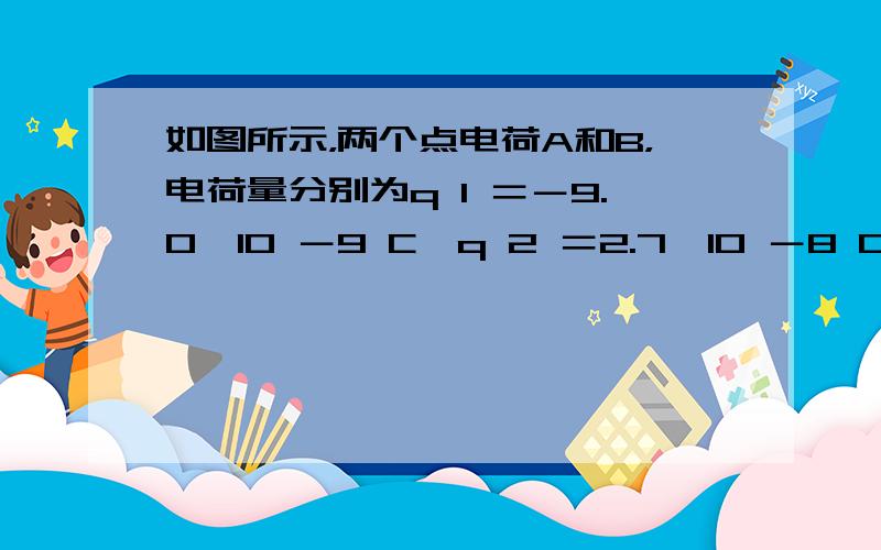 如图所示，两个点电荷A和B，电荷量分别为q 1 ＝－9.0×10 －9 C、q 2 ＝2.7×10 －8 C，彼此相距r