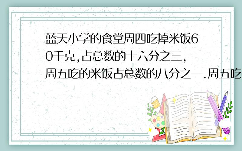 蓝天小学的食堂周四吃掉米饭60千克,占总数的十六分之三,周五吃的米饭占总数的八分之一.周五吃了多少千克大米?