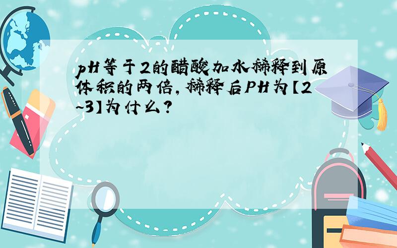 pH等于2的醋酸加水稀释到原体积的两倍,稀释后PH为【2~3】为什么?