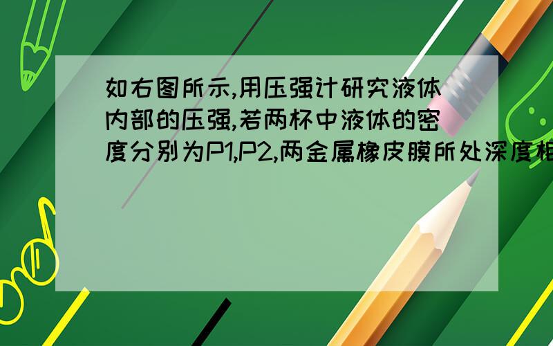 如右图所示,用压强计研究液体内部的压强,若两杯中液体的密度分别为P1,P2,两金属橡皮膜所处深度相同,则