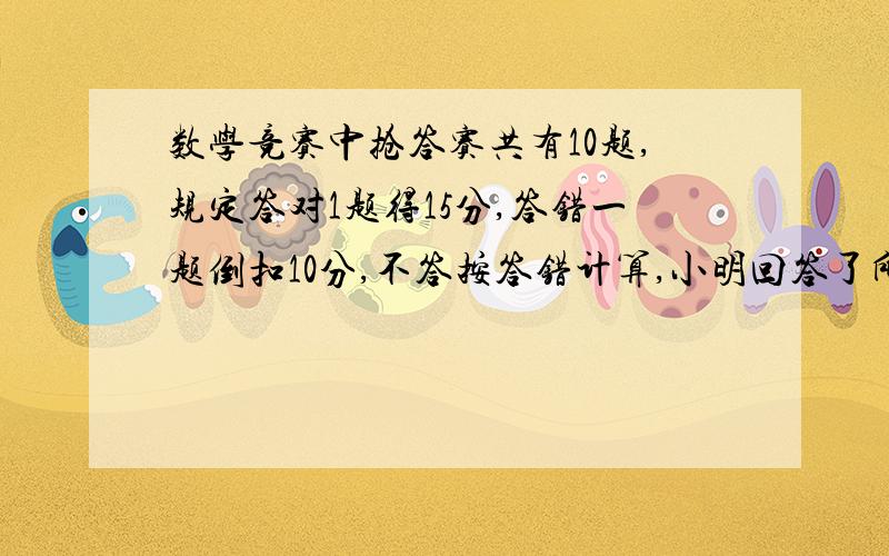 数学竞赛中抢答赛共有10题,规定答对1题得15分,答错一题倒扣10分,不答按答错计算,小明回答了所以的问题,结