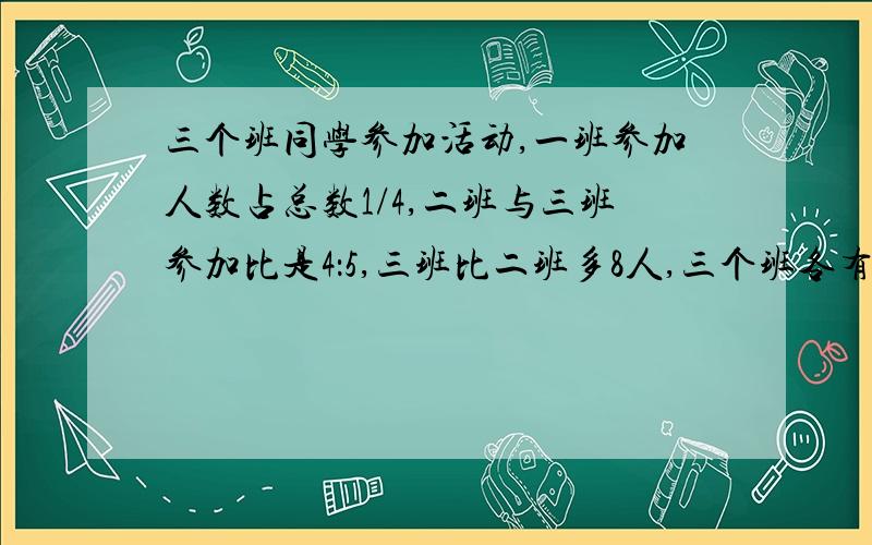 三个班同学参加活动,一班参加人数占总数1/4,二班与三班参加比是4：5,三班比二班多8人,三个班各有几人