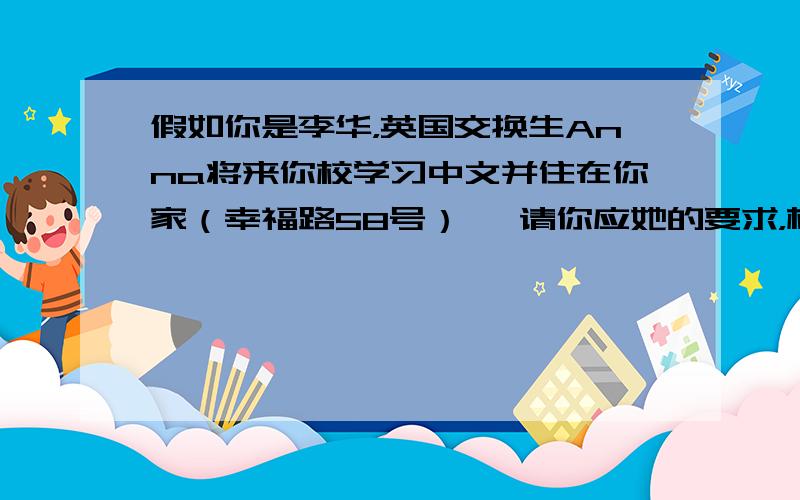 假如你是李华，英国交换生Anna将来你校学习中文并住在你家（幸福路58号）, 请你应她的要求，根据下图介绍你家周边的情况