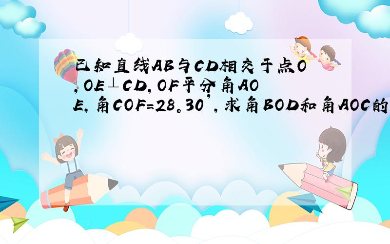 已知直线AB与CD相交于点O,OE⊥CD,OF平分角AOE,角COF=28°30′,求角BOD和角AOC的度