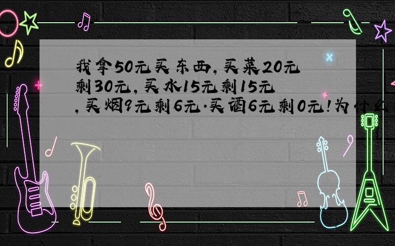 我拿50元买东西,买菜20元剩30元,买水15元剩15元,买烟9元剩6元.买酒6元剩0元!为什么我算出来的是花了51元呢