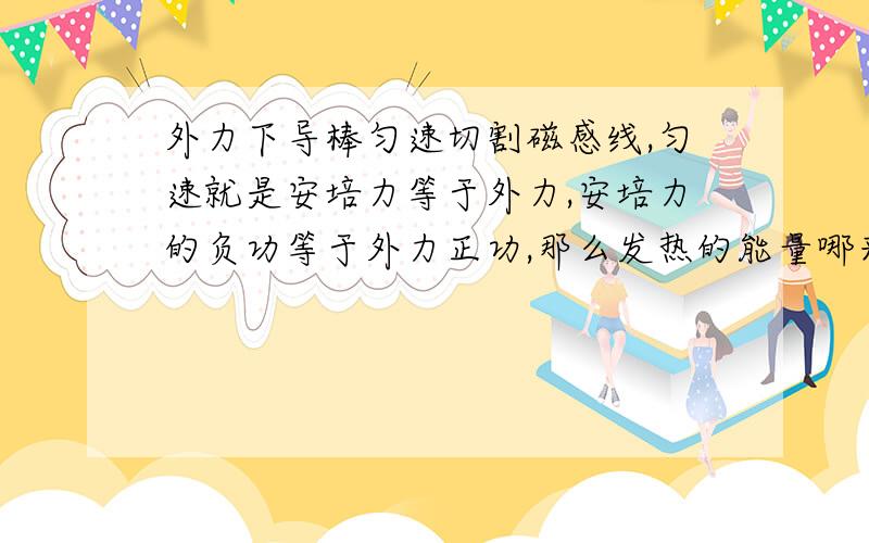 外力下导棒匀速切割磁感线,匀速就是安培力等于外力,安培力的负功等于外力正功,那么发热的能量哪来的?