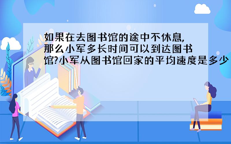 如果在去图书馆的途中不休息,那么小军多长时间可以到达图书馆?小军从图书馆回家的平均速度是多少