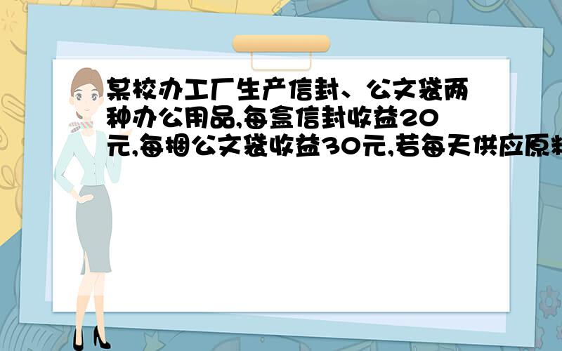 某校办工厂生产信封、公文袋两种办公用品,每盒信封收益20元,每捆公文袋收益30元,若每天供应原料20千克,每盒信封耗纸1