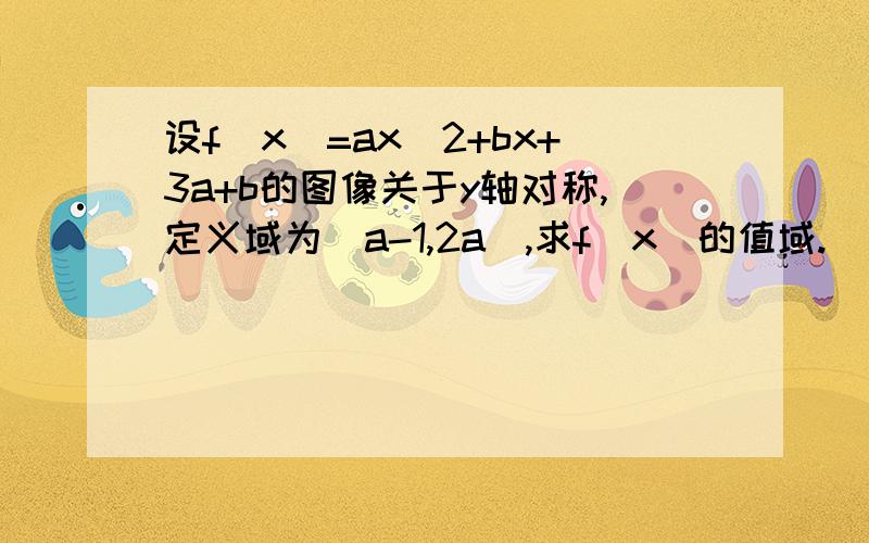 设f(x)=ax^2+bx+3a+b的图像关于y轴对称,定义域为[a-1,2a],求f(x)的值域.