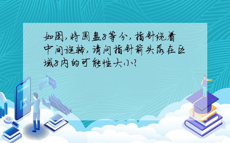 如图,将圆盘8等分,指针绕着中间旋转,请问指针箭头落在区域8内的可能性大小?