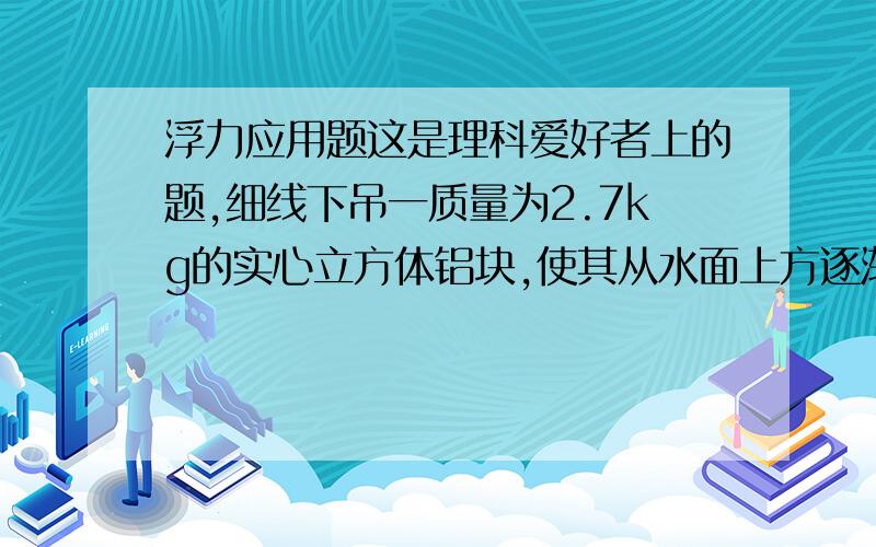 浮力应用题这是理科爱好者上的题,细线下吊一质量为2.7kg的实心立方体铝块,使其从水面上方逐渐浸入水中,（1）铝块浸没在