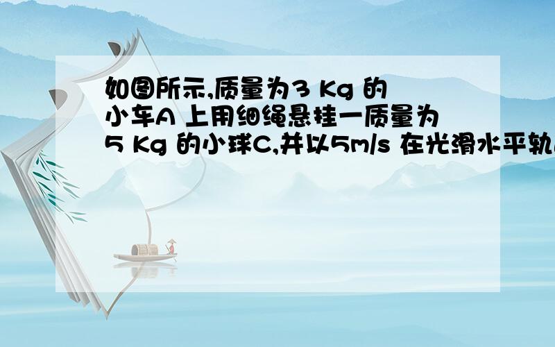 如图所示,质量为3 Kg 的小车A 上用细绳悬挂一质量为5 Kg 的小球C,并以5m/s 在光滑水平轨道上匀速运动,后来