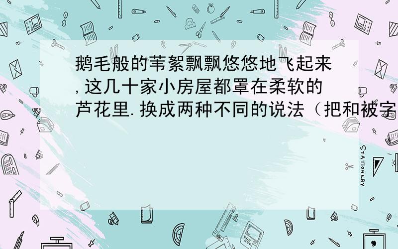 鹅毛般的苇絮飘飘悠悠地飞起来,这几十家小房屋都罩在柔软的芦花里.换成两种不同的说法（把和被字句）