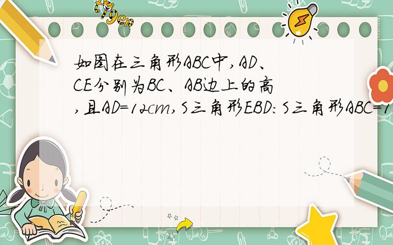 如图在三角形ABC中,AD、CE分别为BC、AB边上的高,且AD=12cm,S三角形EBD:S三角形ABC=1：4 求B