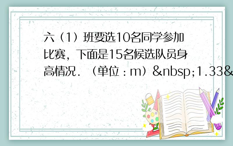 六（1）班要选10名同学参加比赛，下面是15名候选队员身高情况．（单位：m） 1.33  