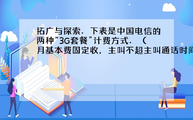 拓广与探索．下表是中国电信的两种“3G套餐”计费方式．（月基本费固定收，主叫不超主叫通话时间、流量不超上网流量不再收费，