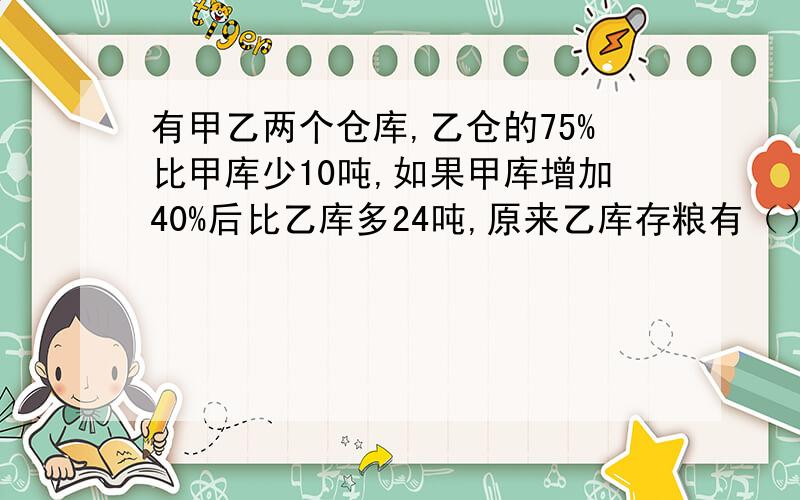 有甲乙两个仓库,乙仓的75%比甲库少10吨,如果甲库增加40%后比乙库多24吨,原来乙库存粮有（）吨