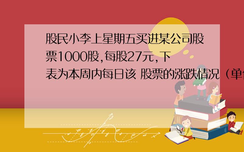 股民小李上星期五买进某公司股票1000股,每股27元,下表为本周内每日该 股票的涨跌情况（单位：元）